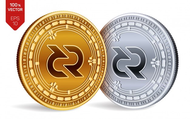 Cryptocurrency golden and silver coins with Decred symbol isolated on white background.