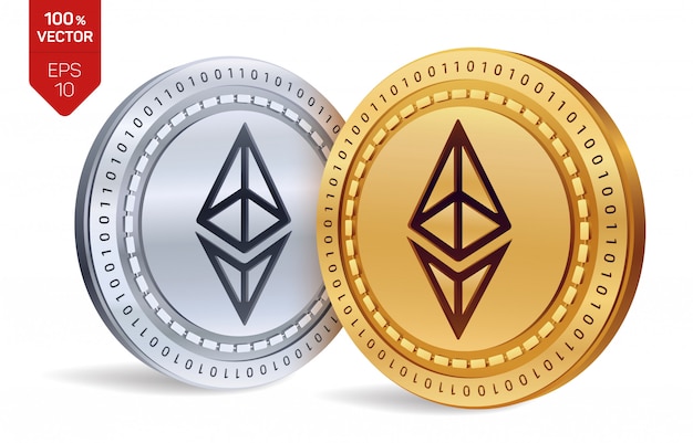 Free Vector cryptocurrency golden and silver coins with ethereum symbol isolated on white background.