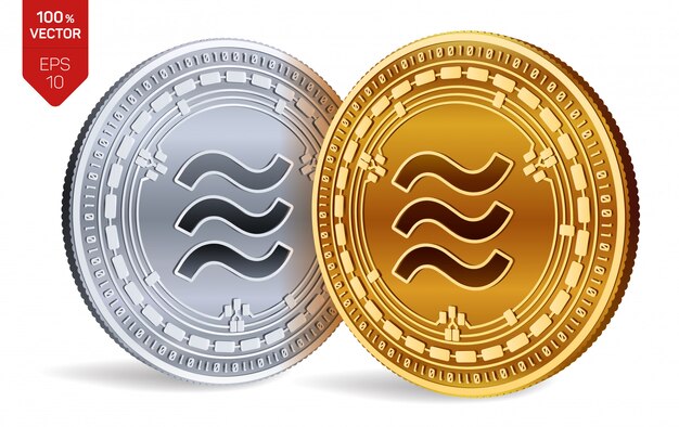 Cryptocurrency golden and silver coins with Libra symbol isolated on white background.