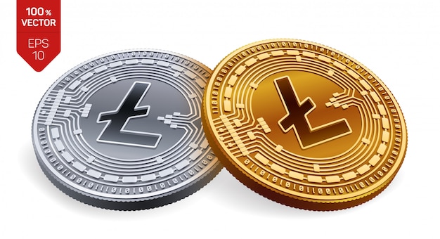 Cryptocurrency golden and silver coins with Litecoin symbol isolated on white background.