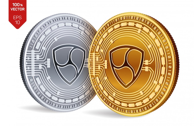 Cryptocurrency golden and silver coins with nem symbol isolated on white background.