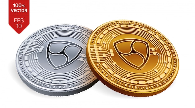 Free vector cryptocurrency golden and silver coins with nem symbol isolated on white background.