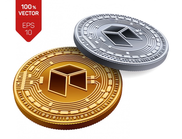 Free vector cryptocurrency golden and silver coins with neo symbol isolated on white background.