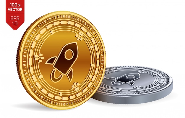 Cryptocurrency golden and silver coins with Stellar symbol isolated on white background.