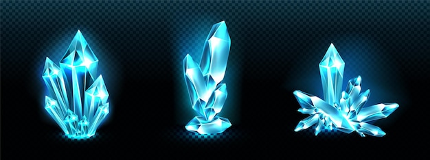 Free vector crystal clusters with blue glowing light aura, quartz or crystalline mineral.