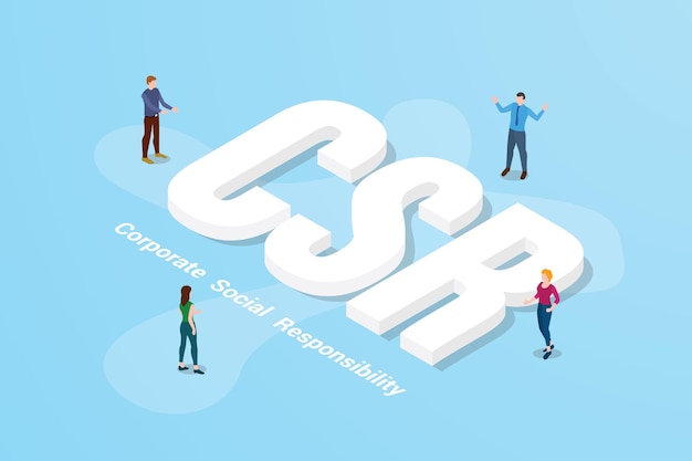 Free Vector csr corporate social responsibility big text word and people around with modern isometric style