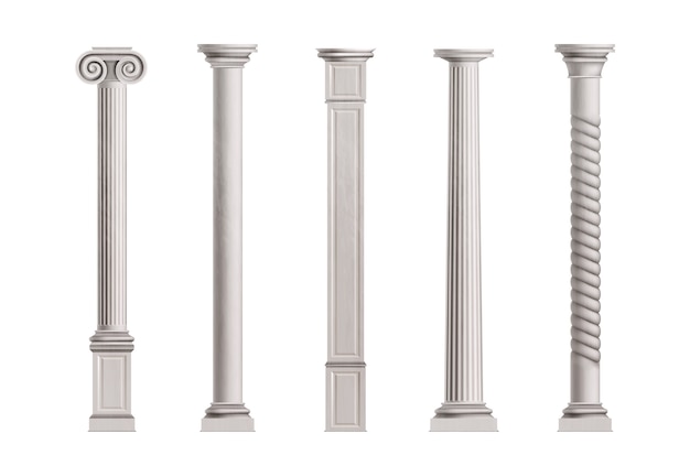 Cubic and cylindrical columns of white marble stone with smooth and textured surface 