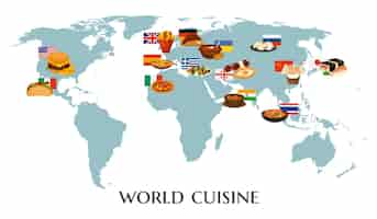 Free vector cuisines world map composition with editable text and map of world with icons of dishes flags vector illustration