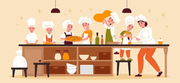 Free Vector culinary classes horizontal poster with group of funny kids cooking at long table under guidance of female chef vector illustration