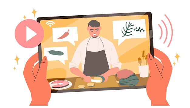 Free Vector culinary online classes flat composition with human hands holding tablet with male character on screen cooking dish vector illustration