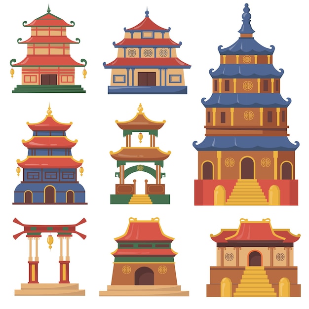 Free Vector cultural china traditional buildings flat set for web design. cartoon illustration