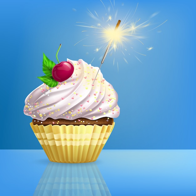 Free Vector cupcake decorated fired sparkler realistic