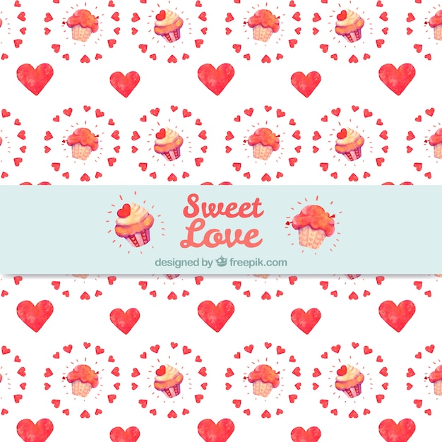 Cupcake pattern with watercolor hearts