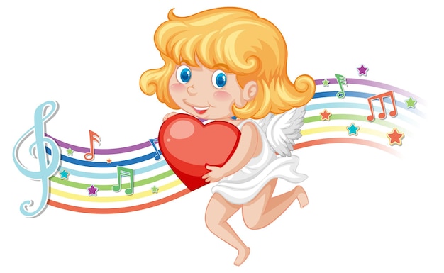 Cupid angel character with melody symbols on rainbow