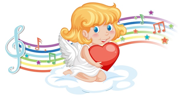 Free vector cupid angel character with melody symbols on rainbow