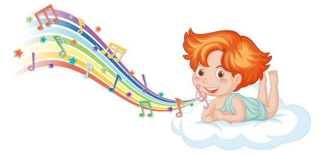 Cupid boy character on the cloud with melody symbols on rainbow