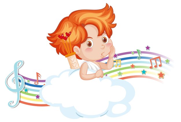 Cupid boy character on the cloud with melody symbols on rainbow