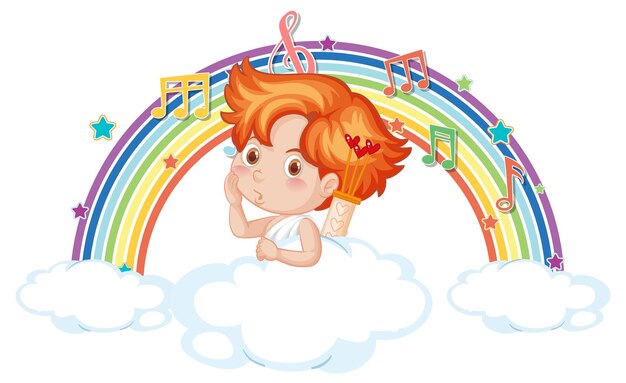 Cupid boy on the cloud with melody symbols on rainbow