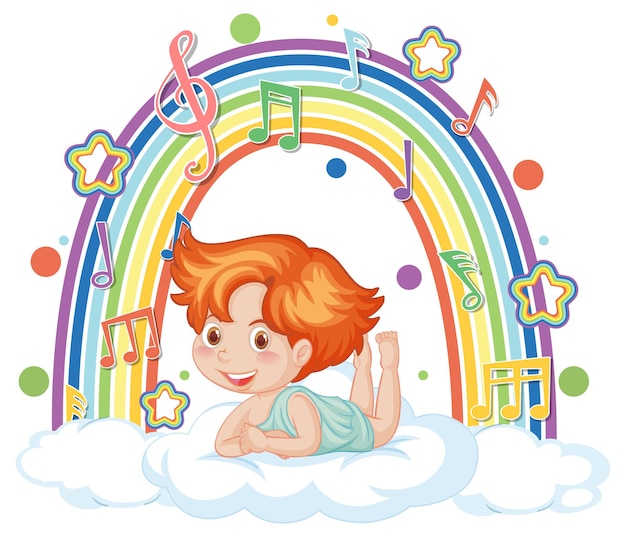 Cupid boy on the cloud with melody symbols on rainbow