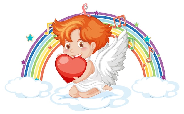 Free Vector cupid boy on the cloud with melody symbols on rainbow