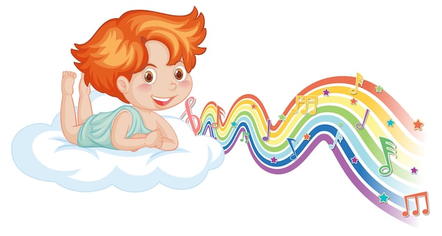 Cupid boy laying on the cloud with melody symbols on rainbow wave