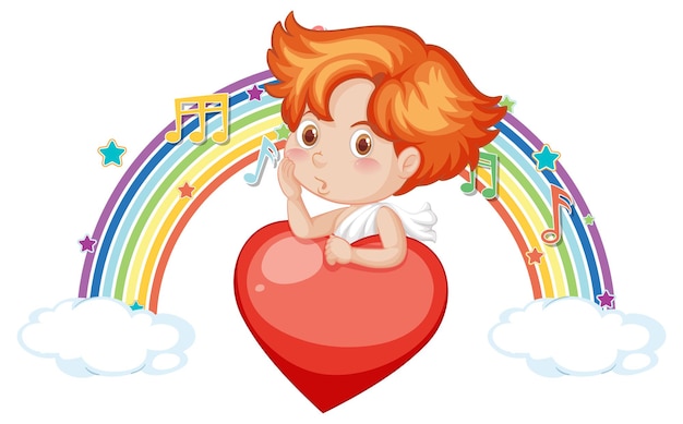 Free Vector cupid boy with melody symbols on rainbow