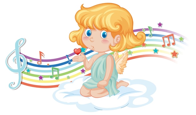 Cupid girl character on the cloud with melody symbols on rainbow