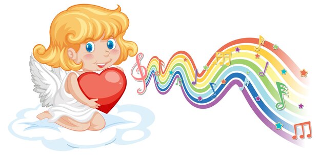 Cupid girl holding heart with melody symbols on rainbow wave