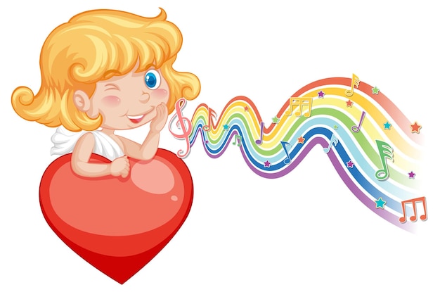 Free Vector cupid girl holding heart with melody symbols on rainbow wave