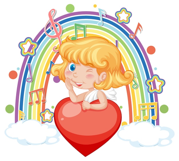 Cupid girl holding heart with melody symbols on rainbow