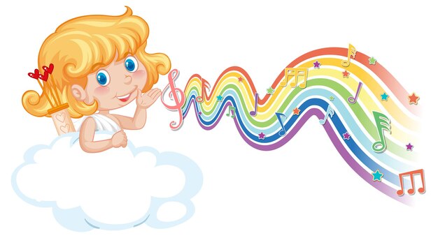 Cupid girl with melody symbols on rainbow wave