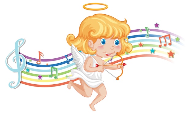 Cupid holding bow and arrow with melody symbols on rainbow