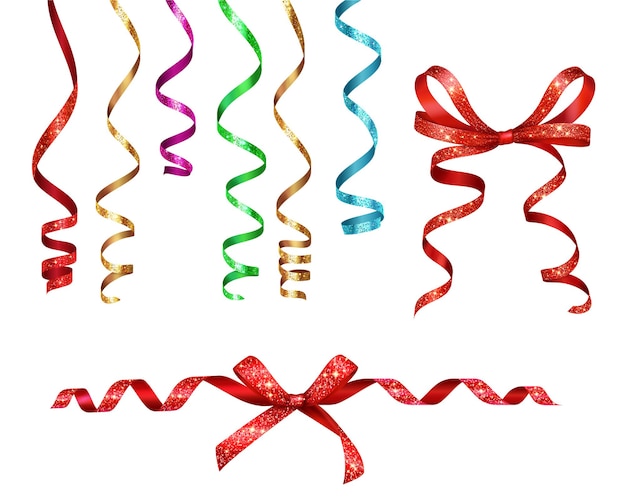 Free vector curled ribbons serpentine with glitters realistic collection isolated