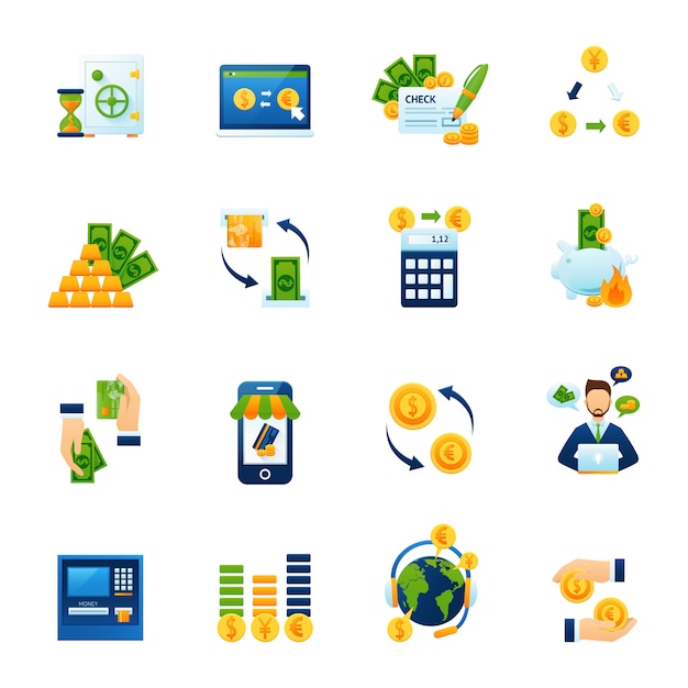 Currency exchange flat icons set