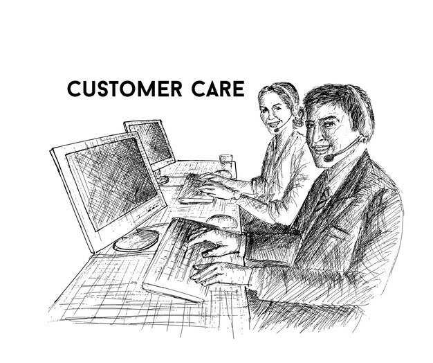 Customer care Hand Sketch of Side view of people with headsets using computers in the office