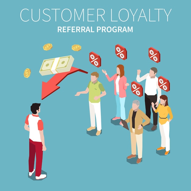 Free Vector customer loyalty bonus reward programs colored isometric composition with referral program description vector illustration