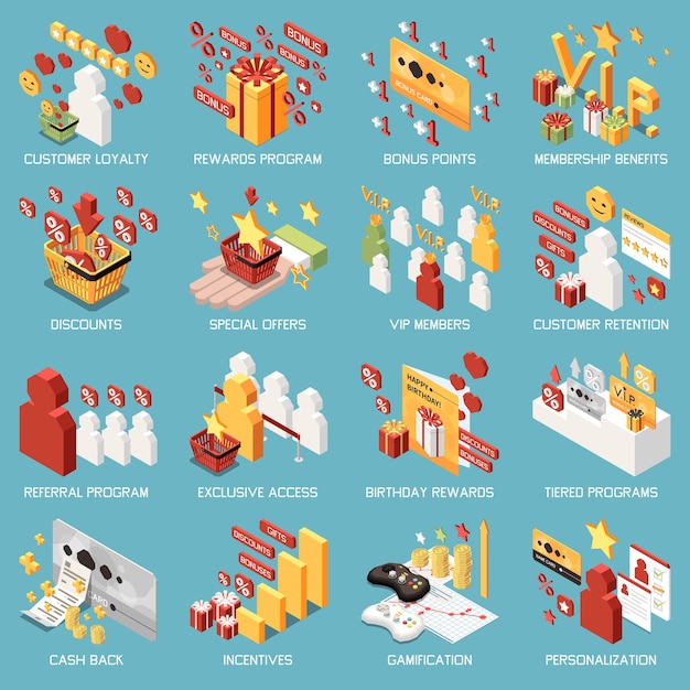 Free Vector customer loyalty bonus reward programs isometric icon set with bonus points membership benefits discounts special offers and other descriptions vector illustration