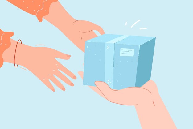 Customer receiving package from courier hands. Deliveryman hands giving parcel, box, gift or order to clients hands flat vector illustration. Delivery, shipping, transportation concept