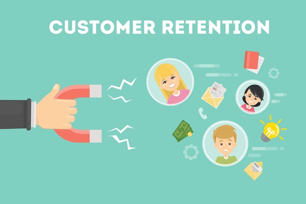 Free Vector customer retention concept hand with magnet tries to appeal clients