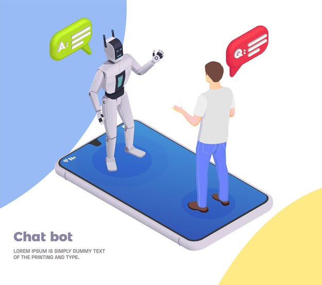 Customer service isometric composition chat bot headline and abstract situation with robot and human talk