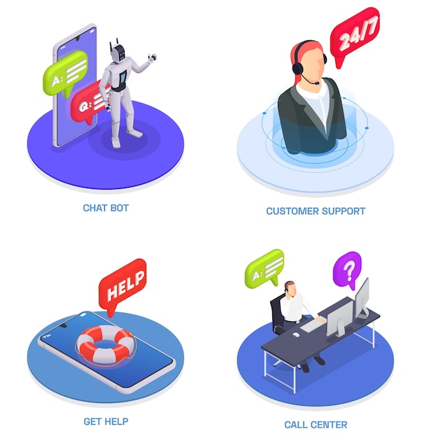 Customer service isometric compositions set with chat bot support get help and call center descriptions