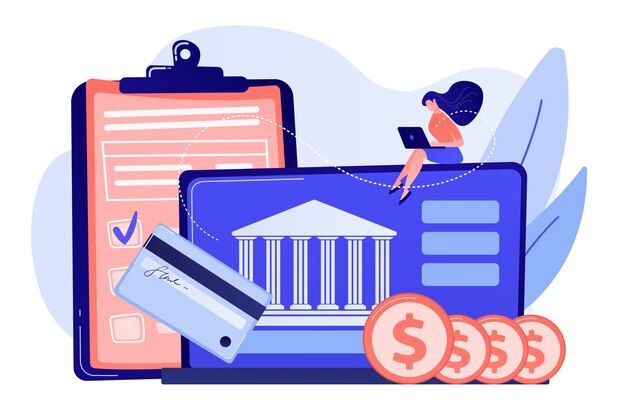 Customer sitting with laptop and bank with credit card and financial savings. Personal bank account, savings bank deposit, fixed rate loan concept illustration