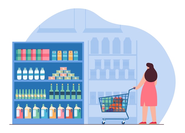 Customer with trolley buying variety of food in grocery store. Woman choosing goods on shelves of supermarket, standing in aisle flat vector illustration. Hypermarket department, consumerism concept