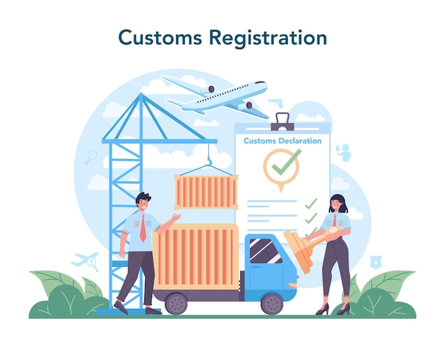 Customs officer concept Passport control at the airport Security checkpoint and registration in the airport Metal detector for safety on board Isolated flat vector illustration