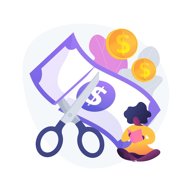 Cut price. Bargain offering. Reduced cost. Discount, low rate, special promo. Scissors dividing banknote. Crisis and bankruptcy. Cheapness in market. Vector isolated concept metaphor illustration.