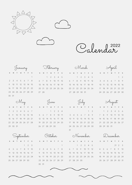 Cute 2022 monthly calendar template, minimal doodle illustration vector