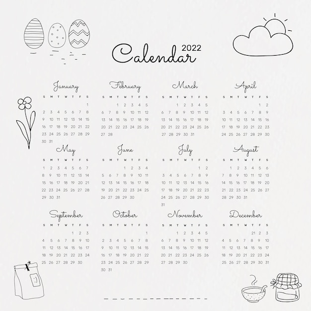 Cute 2022 monthly calendar template, minimal doodle illustration vector