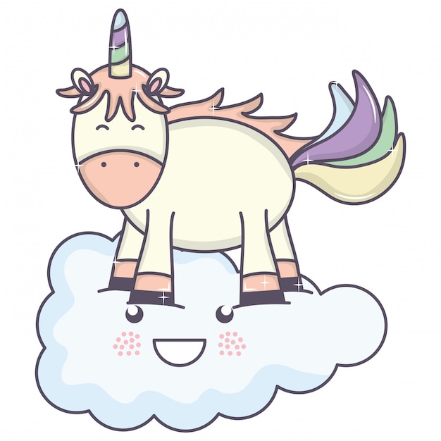 Cute adorable unicorn and cloud kawaii fairy characters