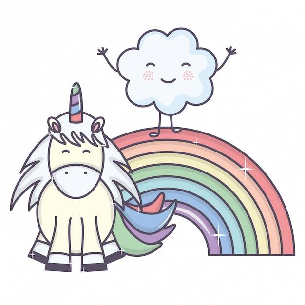 Free Vector cute adorable unicorn with clouds and rainbow