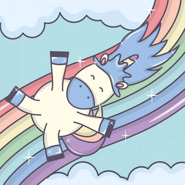 Free vector cute adorable unicorn with clouds and rainbow